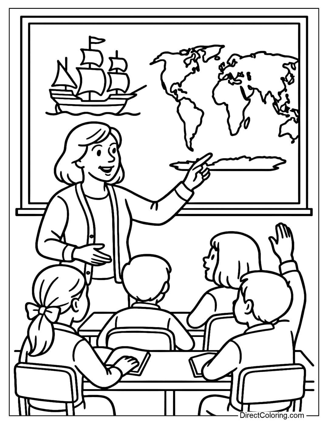 Coloring page of students in the classroom, on the board there is a drawing of Columbus's ship and a world map, the teacher is teaching.