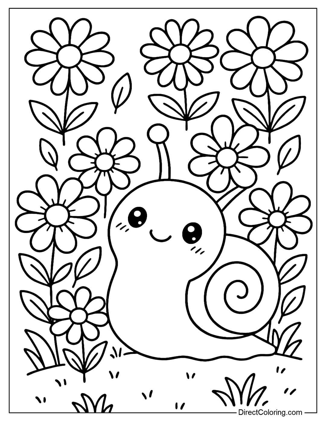 A snail coloring page with sparkling eyes, smiling in the middle of a brilliant flower garden.
