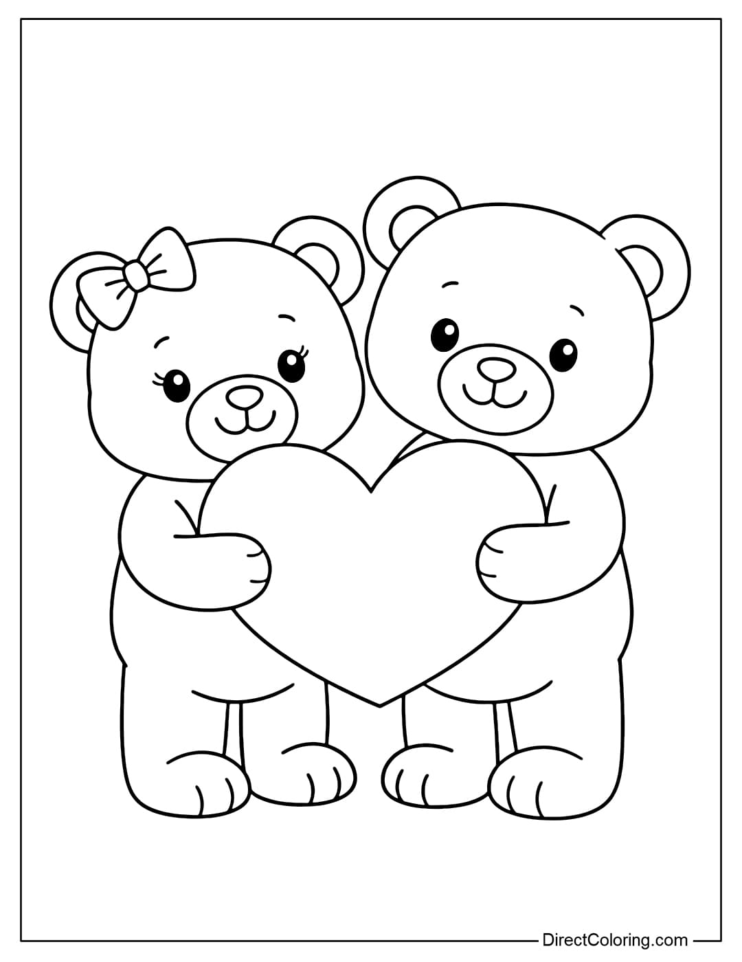 A coloring page featuring two teddy bears standing side-by-side, holding a large, friendly, and warm heart.