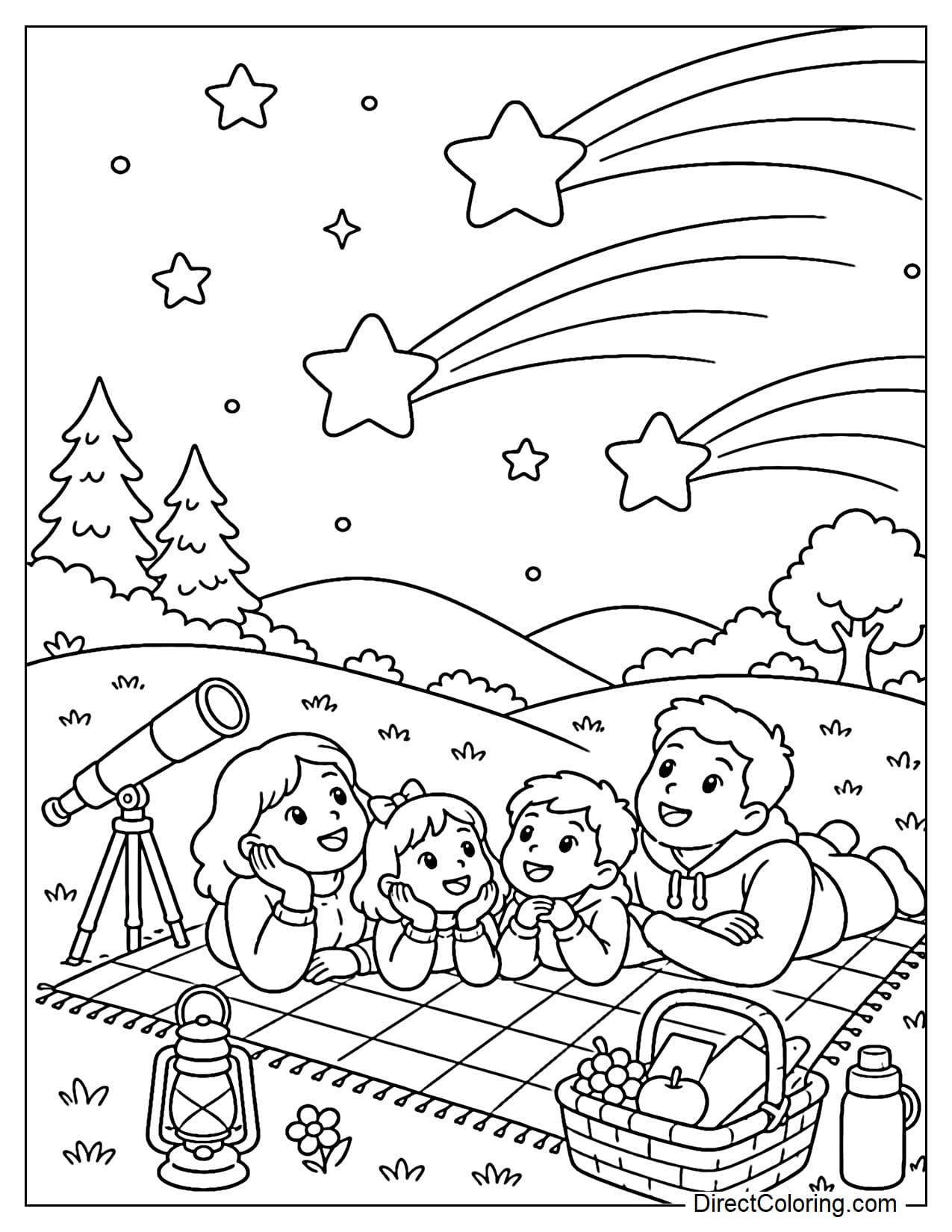 A family is lying on a blanket on a grassy hill, watching the August meteor shower in the sky. Beside them are a telescope, lanterns, and a basket of snacks.