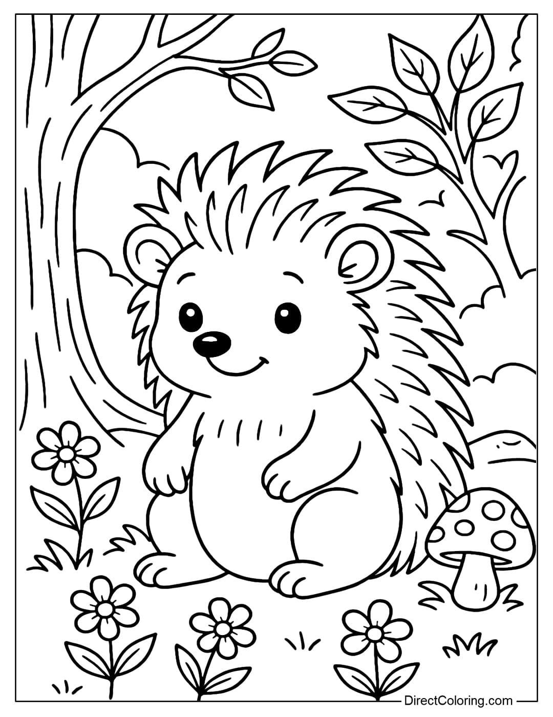 Forest Hedgehog Coloring Page A hedgehog coloring page in a small forest, surrounded by mushrooms, wildflowers and tree branches.