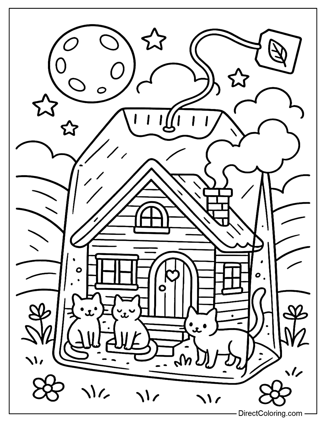 A tea bag coloring page featuring a moonlit cabin, with smoke rising from the chimney, and cats around the porch.