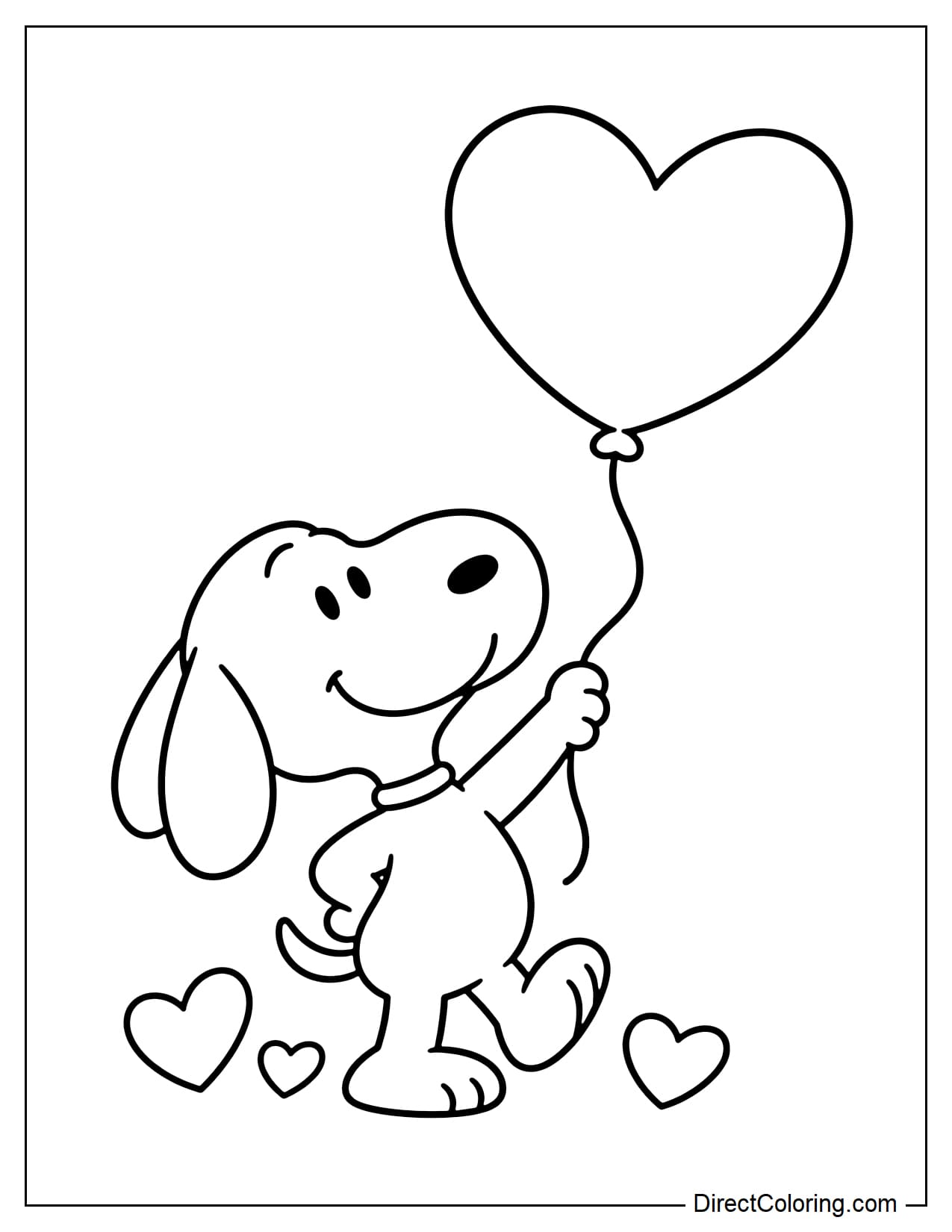 Snoopy stands happily, holding the string of a large heart-shaped balloon in one paw while resting the other on his hip. He lifts one foot slightly and looks up at the balloon. Three small hearts decorate the ground near his feet.