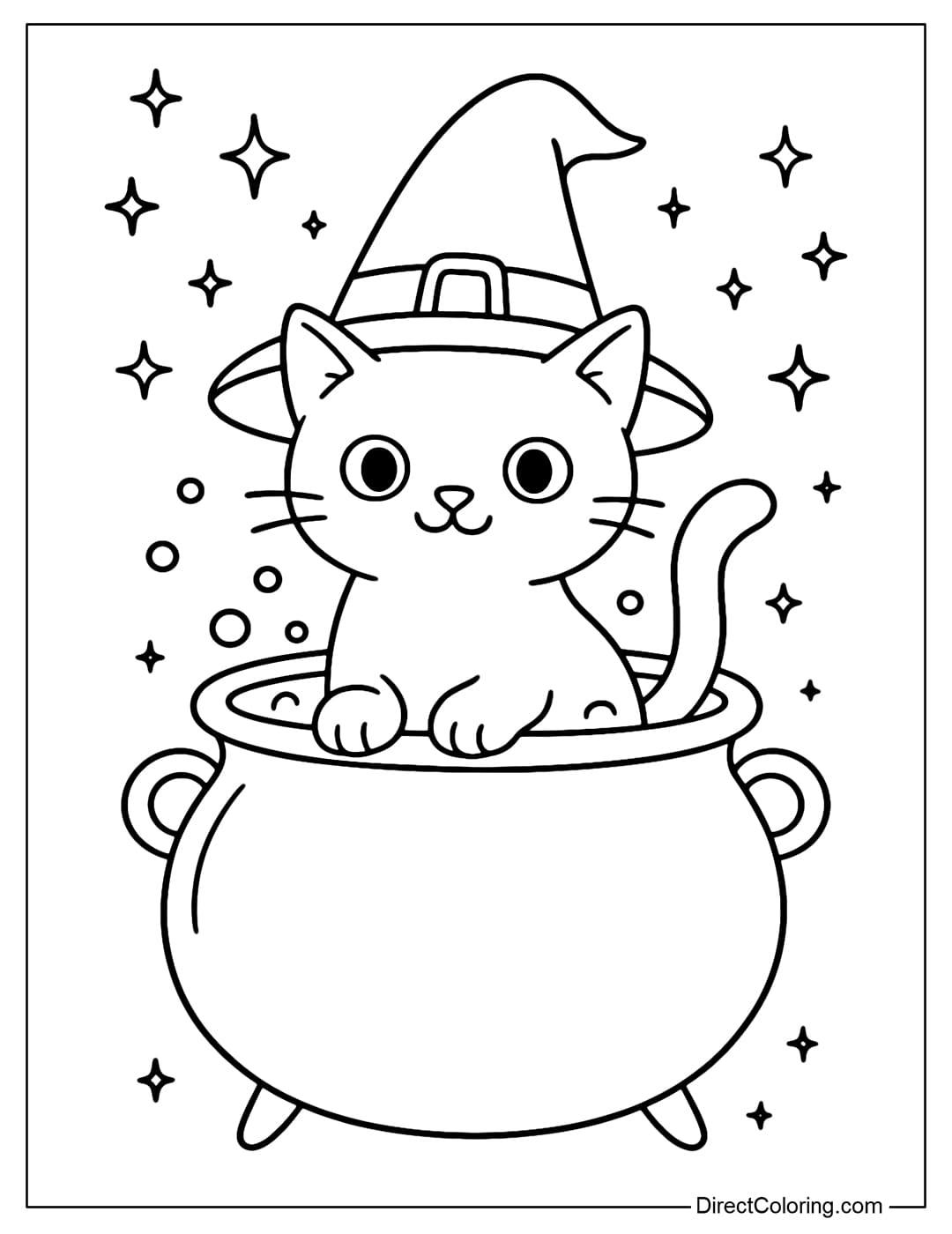 Coloring page of a black cat wearing a witch's hat, sitting in a mysterious cauldron, surrounded by sparkling stars.