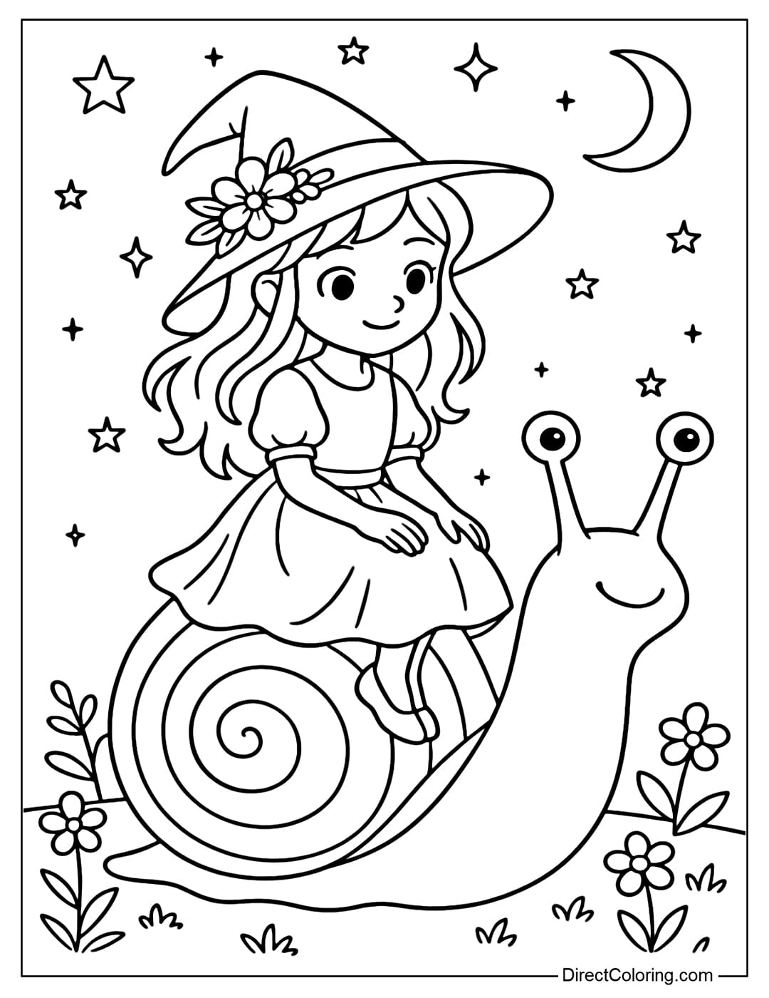 A coloring page of a witch sitting on the back of a giant rainbow-shelled snail, wearing a hat decorated with flowers.