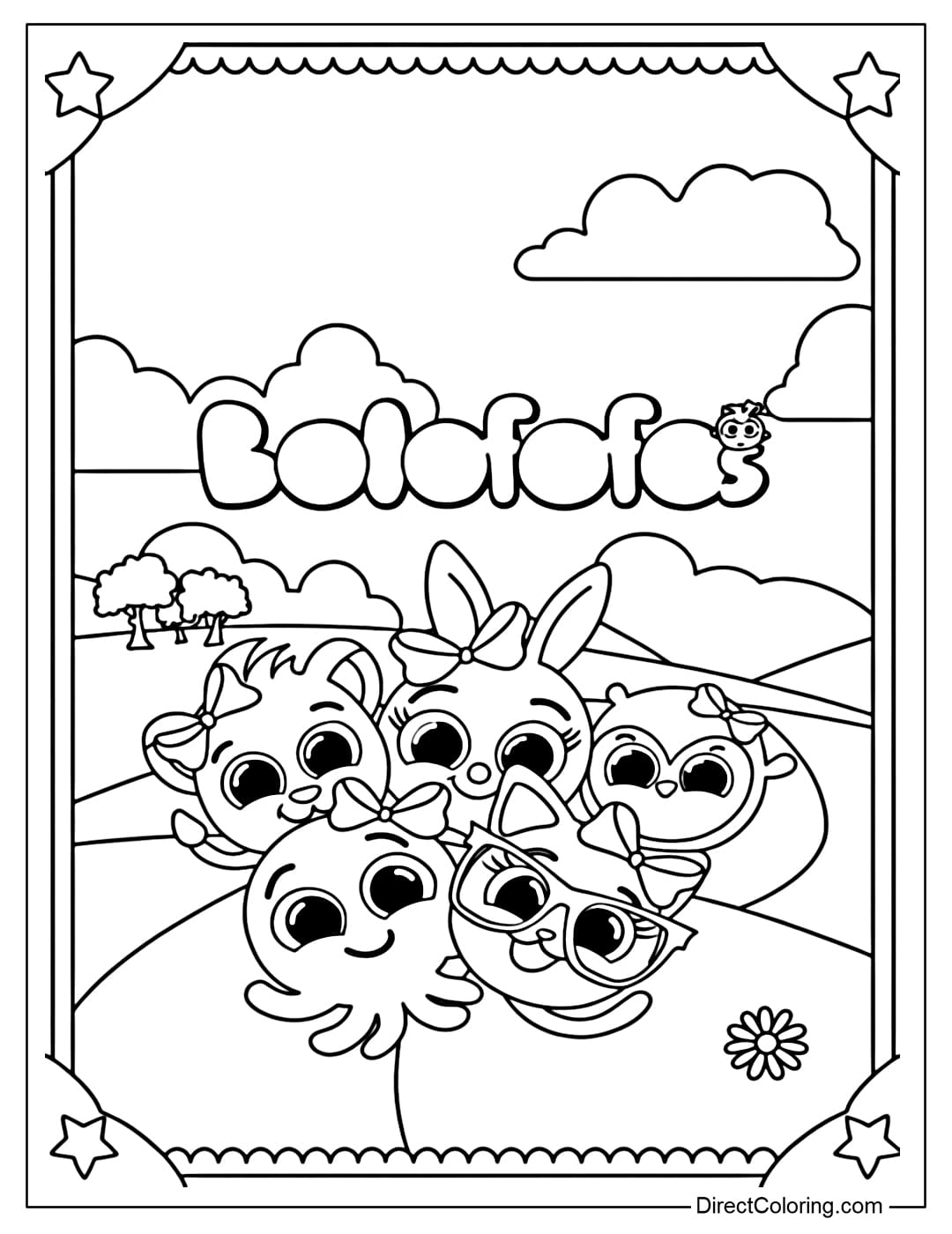 A coloring page of a card with pictures of lovely Bolofofos characters
