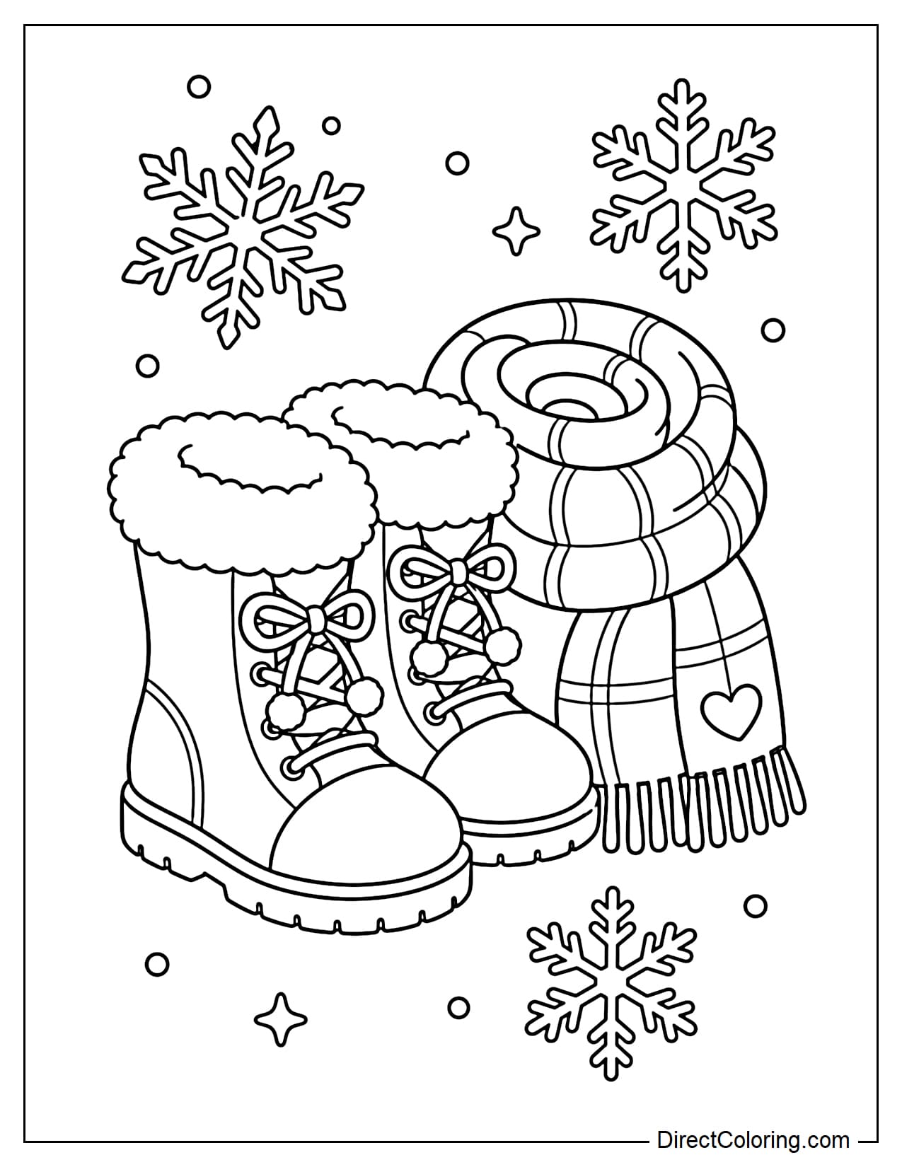 A pair of cozy winter boots with soft fur trim around the openings, placed beside a loosely wrapped scarf and several large snowflakes.