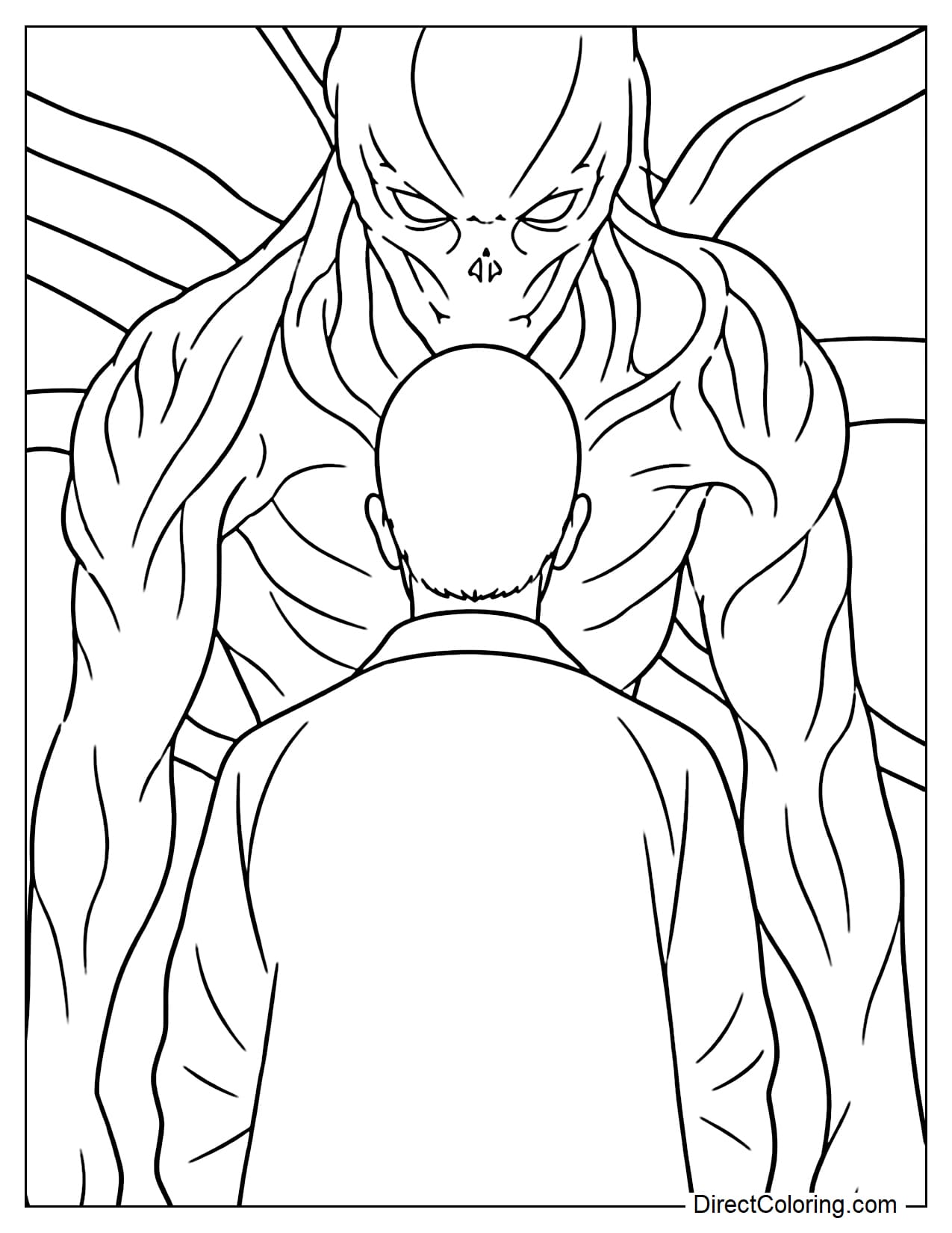 Eleven stands with her back to the viewer as the towering Vecna looms in front of her, creating a dramatic confrontation between two powerful figures from Stranger Things.