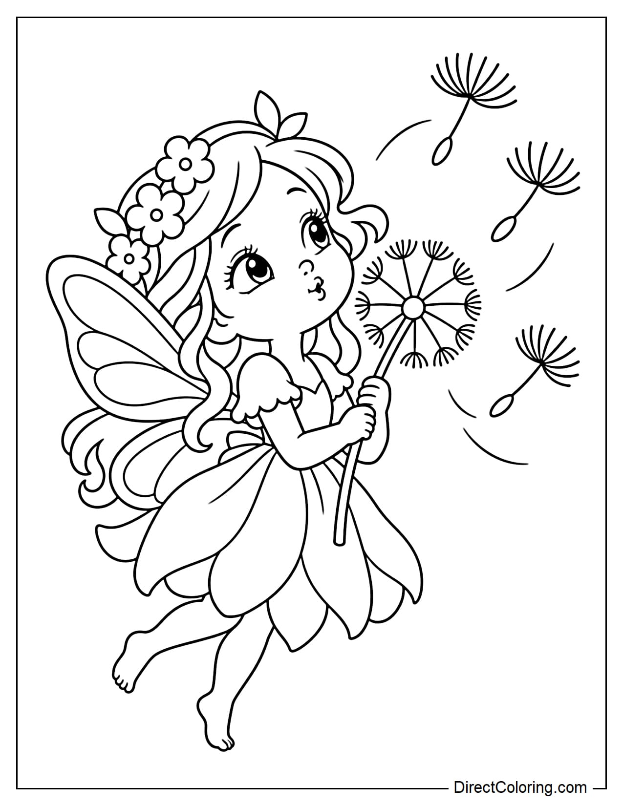 A fairy is holding a large dandelion and gently blowing its seeds into the air around her.