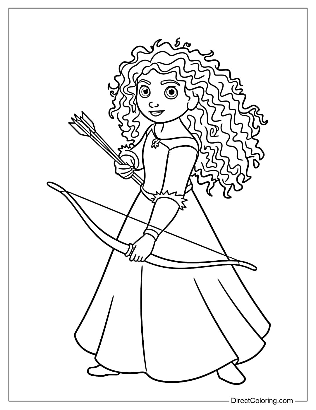 A coloring page of Princess Merida holding a simple bow and arrow.