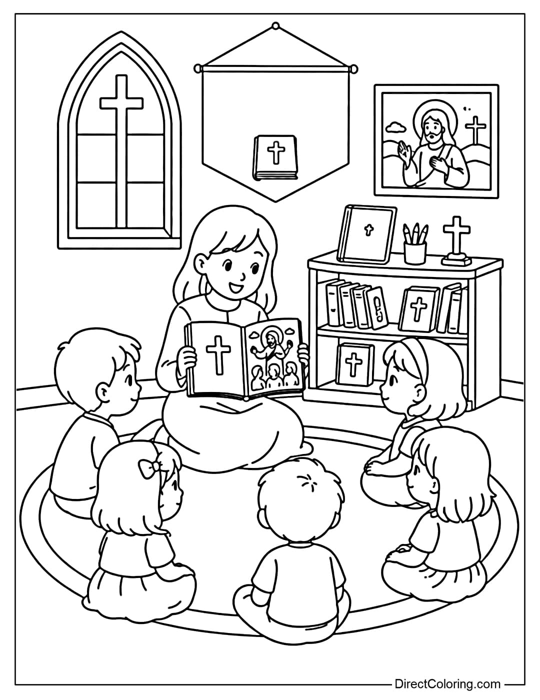Coloring page of children listening to a Bible story in church.