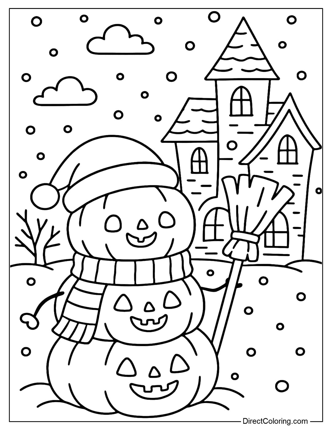 A pumpkin snowman coloring page, wearing a Santa hat, wearing a red striped scarf and holding a broom with bones, snow falling around the haunted house yard.