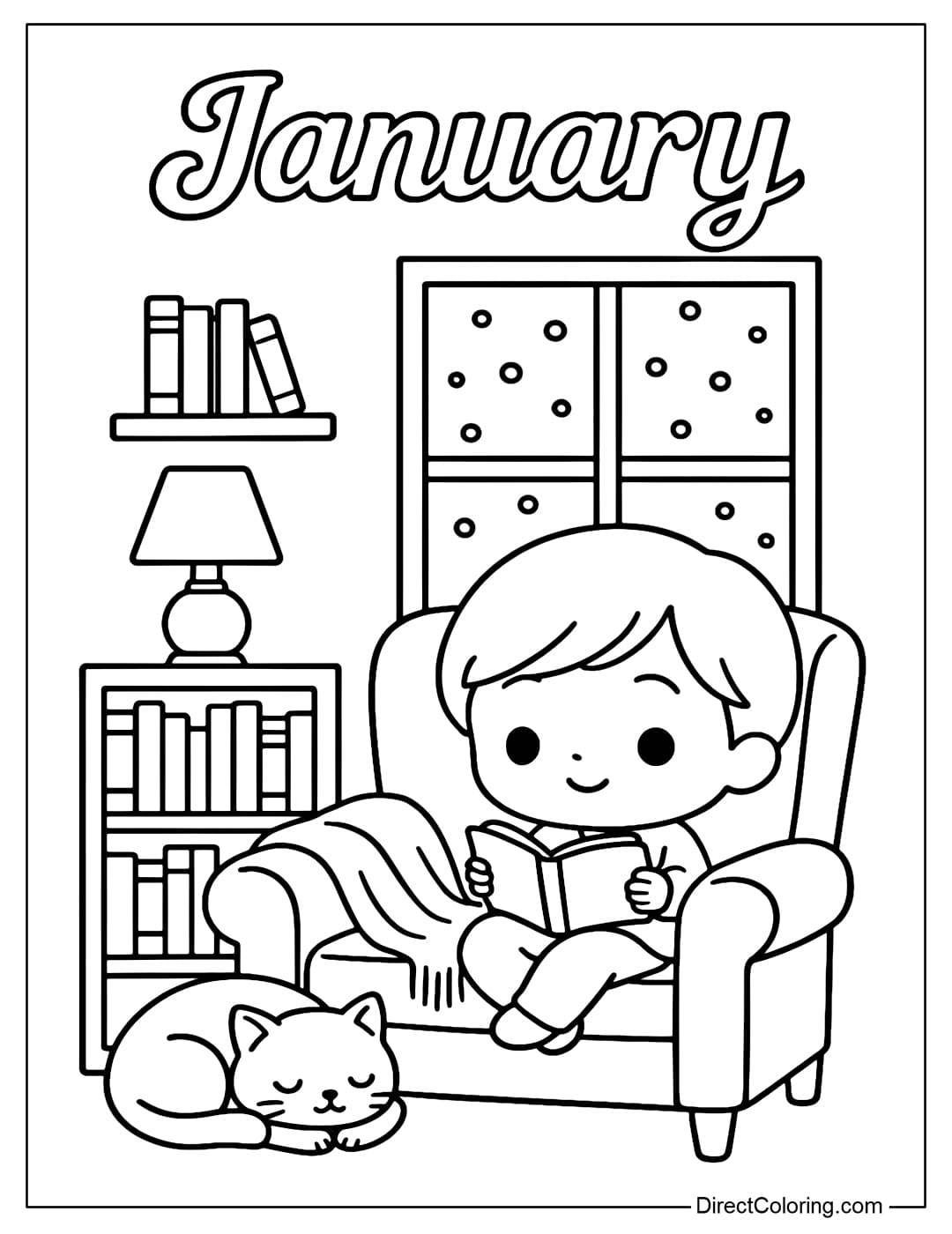A coloring page with a cozy reading corner: an armchair, a blanket, a bookshelf, a table lamp, a cat curled up sleeping, and a boy reading a book. The word January is on top.