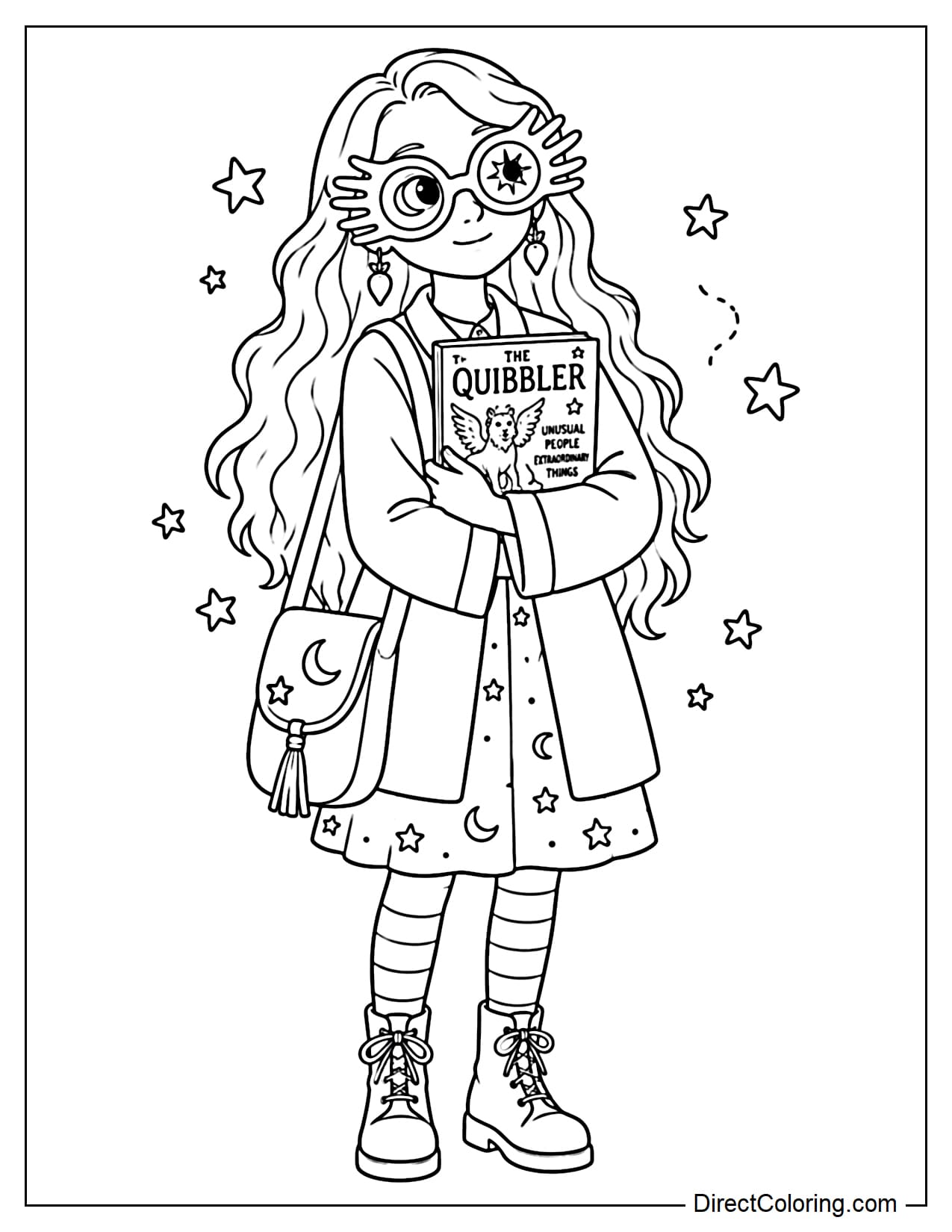 Luna Lovegood is standing with her long hair, wearing her distinctive Spectrespecs and holding a magazine in her hands, with a few small stars around her.