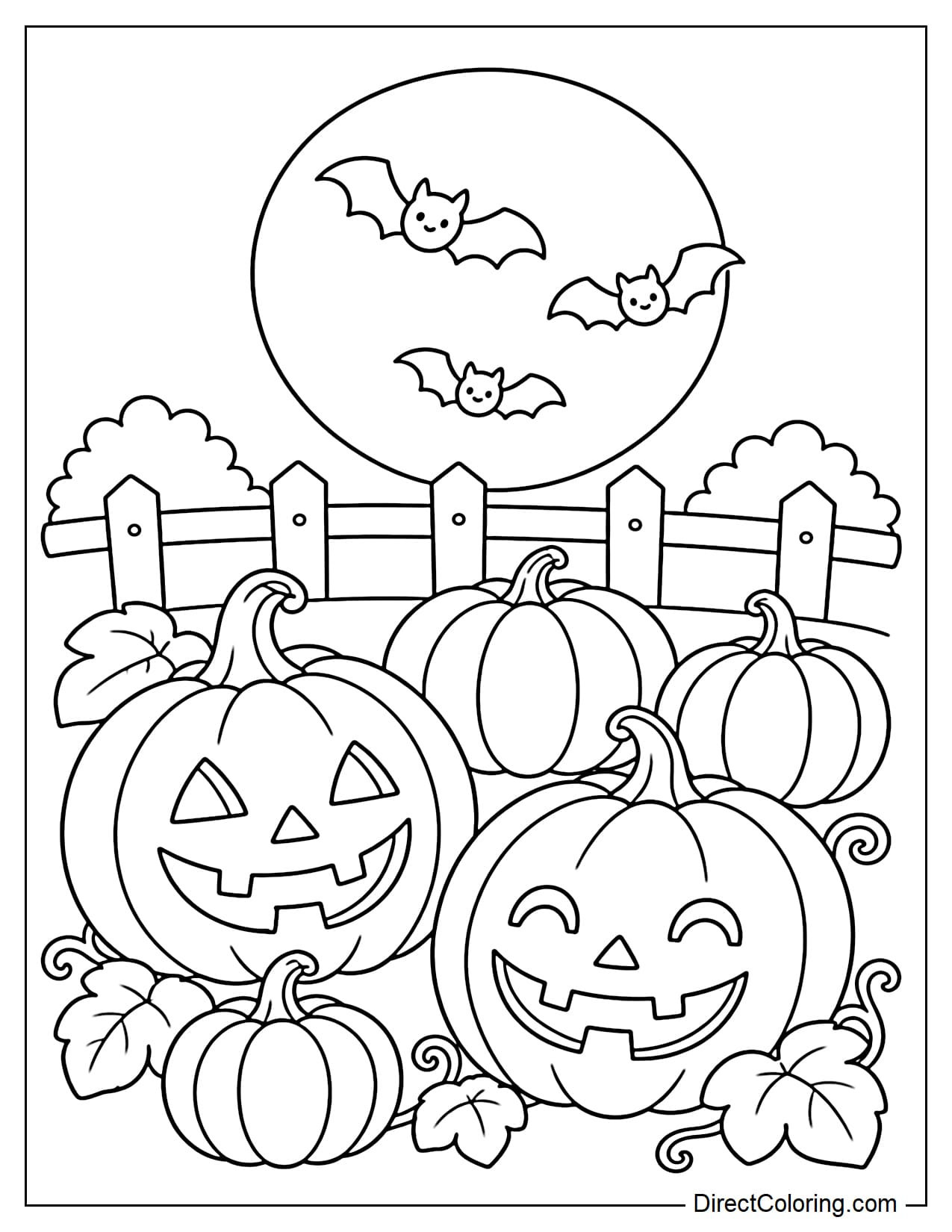 A Halloween pumpkin patch with several large and small pumpkins, including two carved jack-o'-lanterns, with a large full moon in the background and three bats flying above.