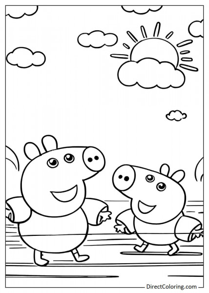 Peppa Pig and George swimming coloring page