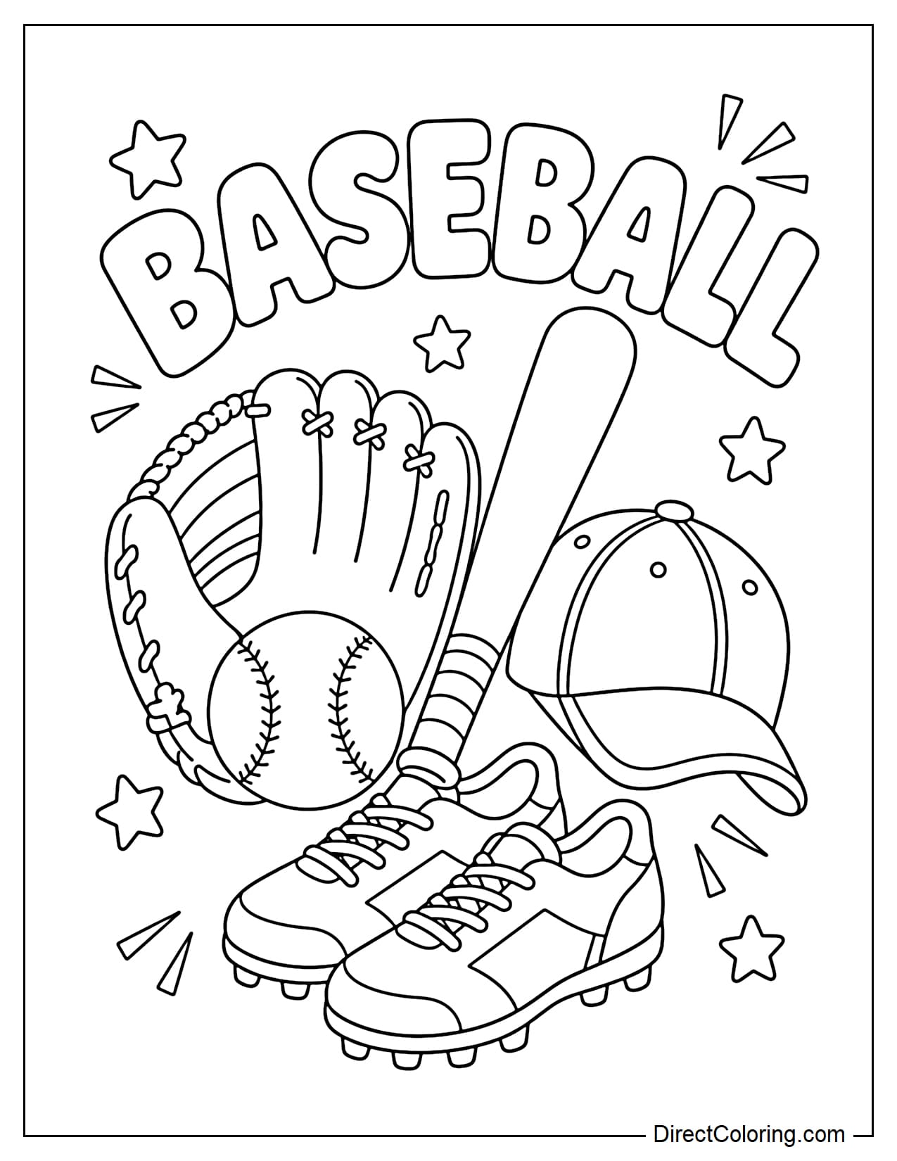 A neatly arranged baseball kit including a baseball, a glove, a baseball bat, a baseball cap, and a pair of baseball shoes, with the word BASEBALL large on top, surrounded by stars.