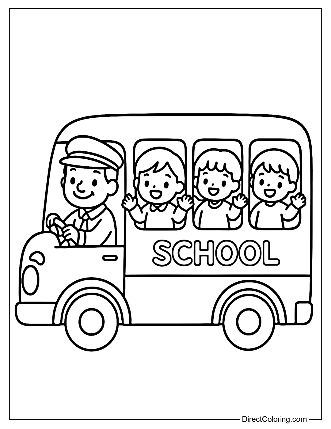 A coloring page of children sitting in a school bus, waving through the window, the driver is smiling happily.