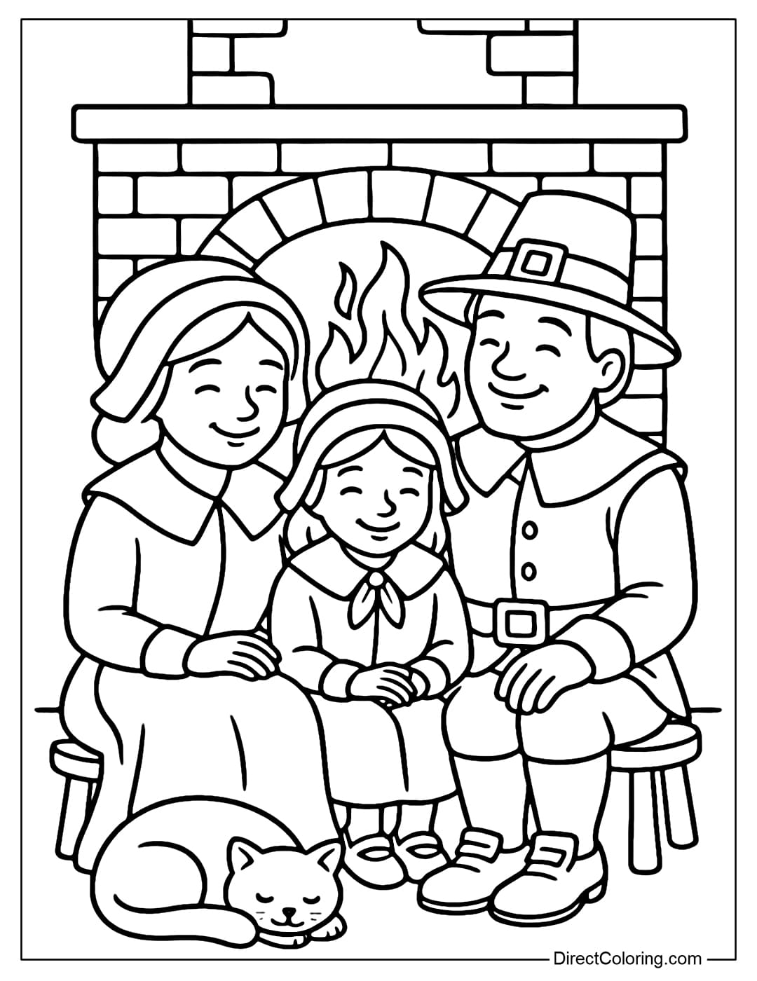 A Pilgrim family coloring page sitting by the fire, the fire glowing warmly, the cat curled up at their feet.