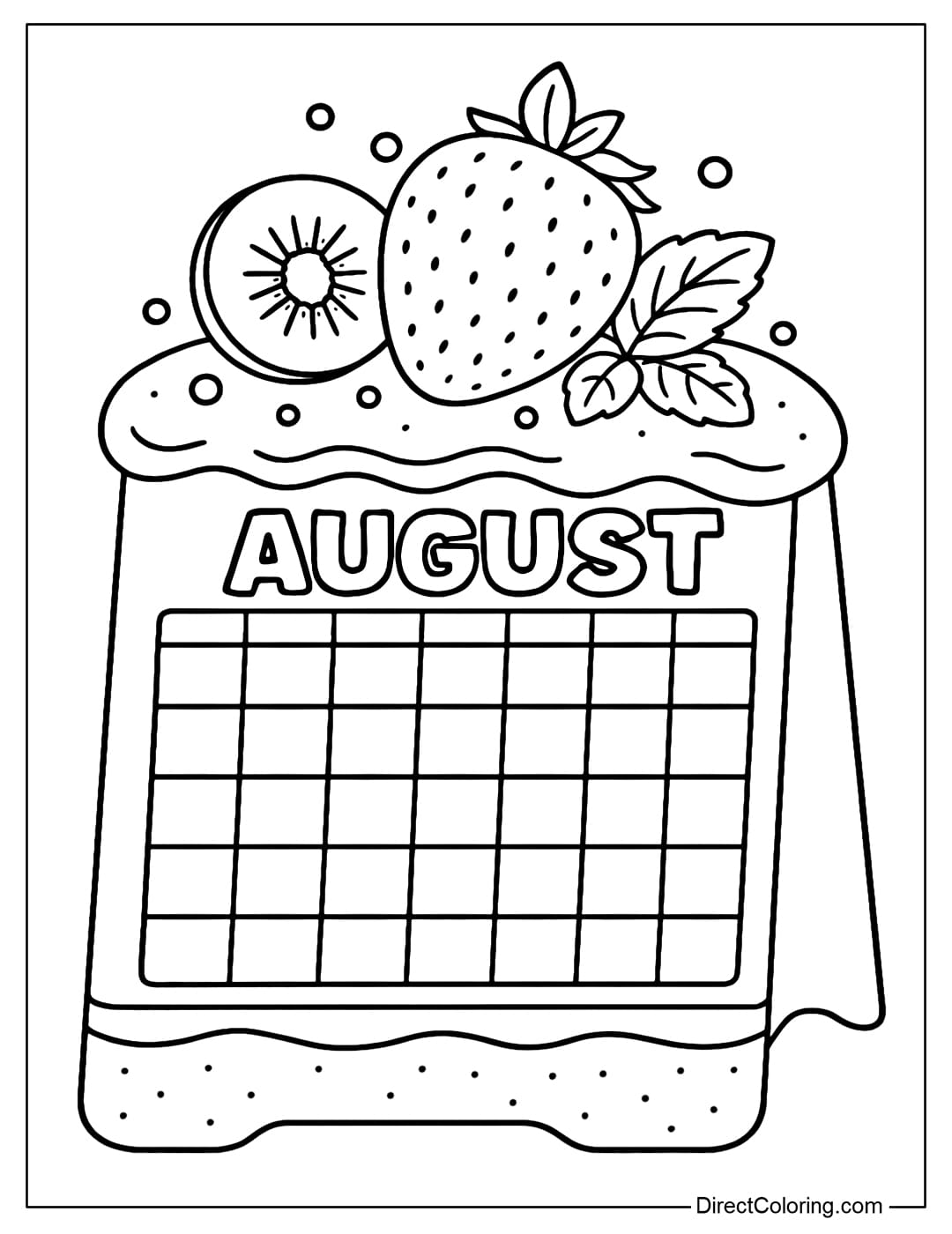 August calendar coloring page features a standee cutout in the shape of a soft, fluffy strawberry shortcake; the calendar is nestled within the cake layer like a large label. The top is subtly decorated with large strawberries, kiwi slices, mint leaves, and a few sugar sprinkles.