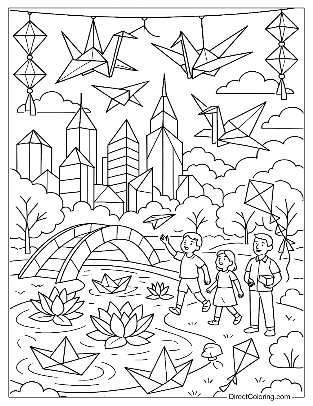 Coloring Page A city with origami buildings, cranes, boats, and lotus flowers