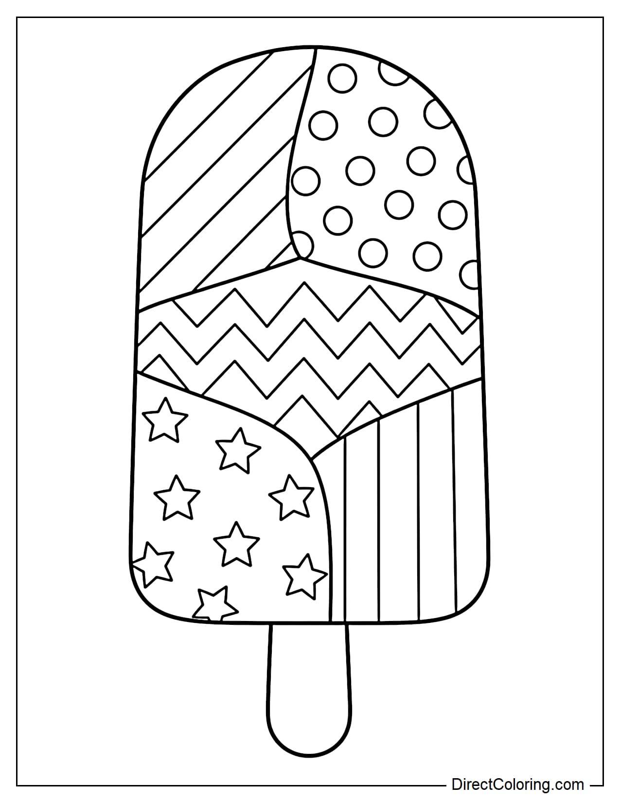 A large popsicle divided into simple geometric patterns of stripes, polka dots, stars, and zigzags.