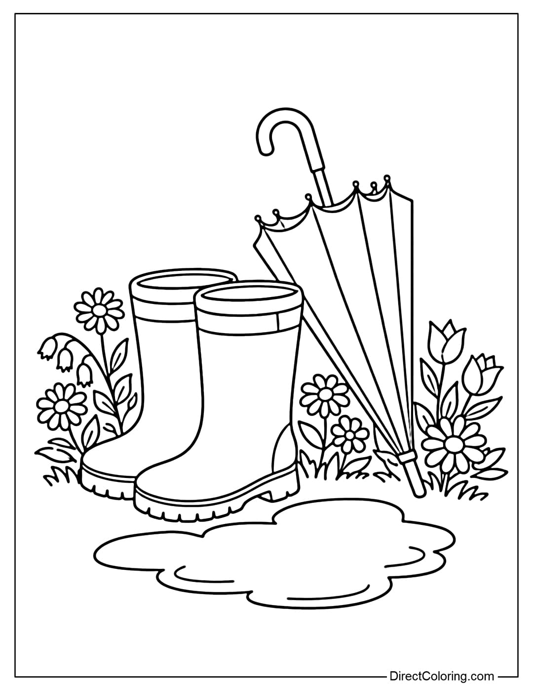 A coloring page for rain boots and an umbrella placed next to a puddle, with flowers growing around them.