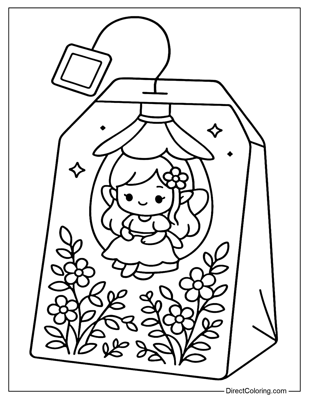 Tea bag coloring page with a fairy living in a flower lantern, with a trellis of climbing flowers underneath.