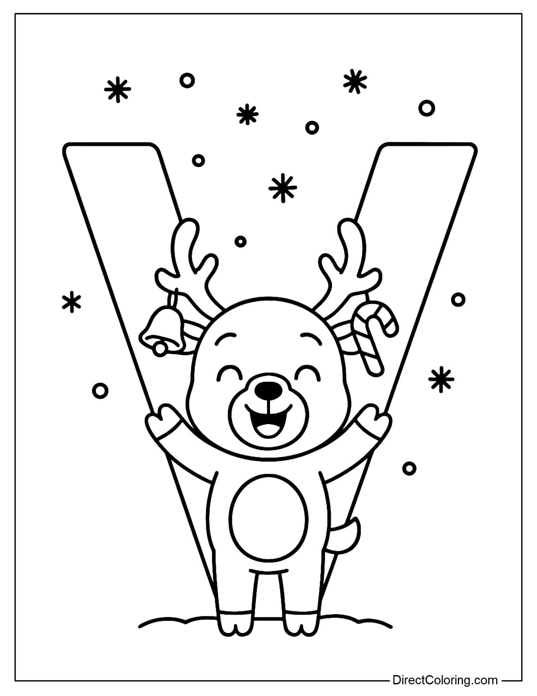 The Letter V Christmas coloring page has a baby reindeer standing in the middle.