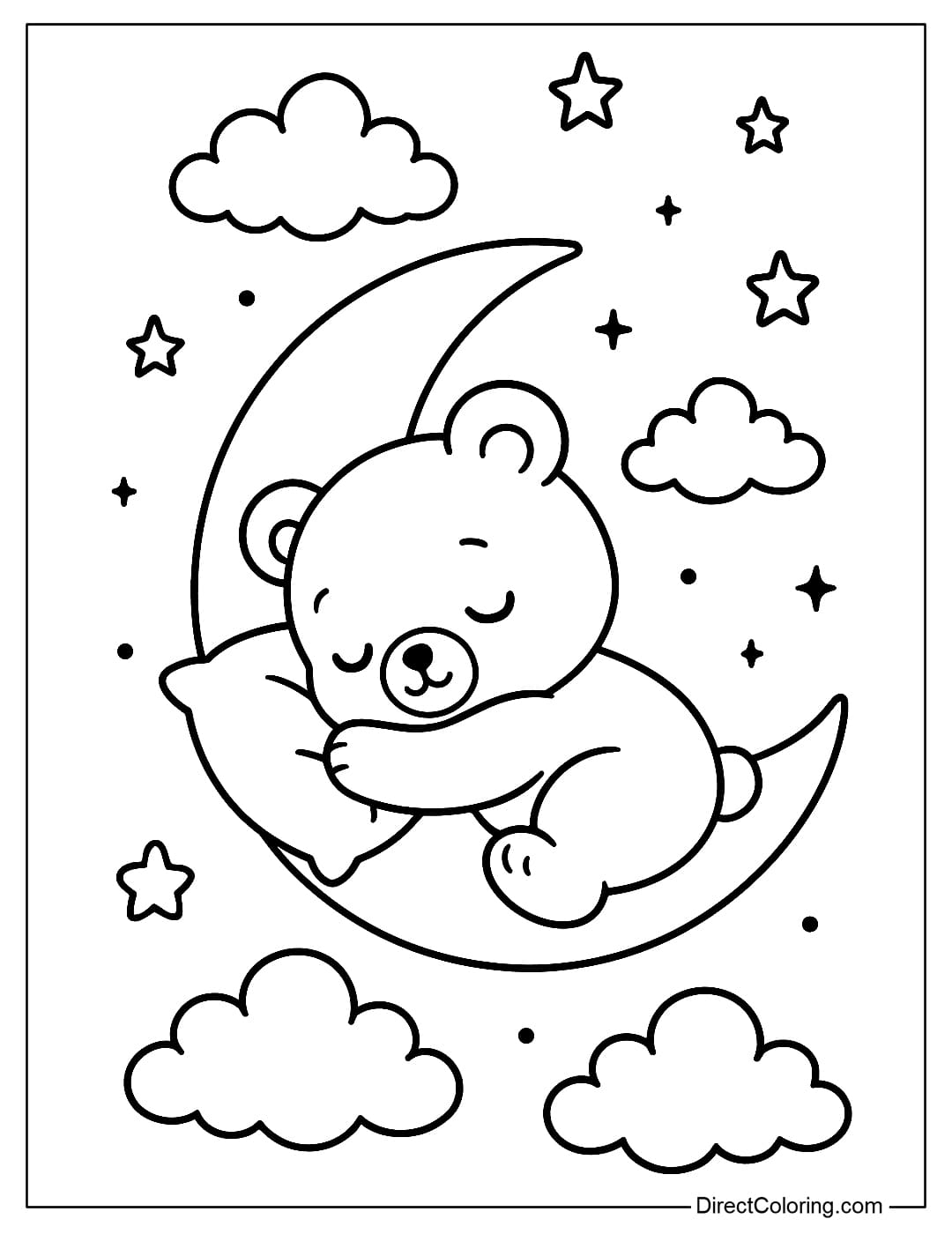 Coloring page of a little bear hugging a pillow and sleeping soundly on a crescent moon, surrounded by a sparkling starry sky and soft cotton candy clouds.