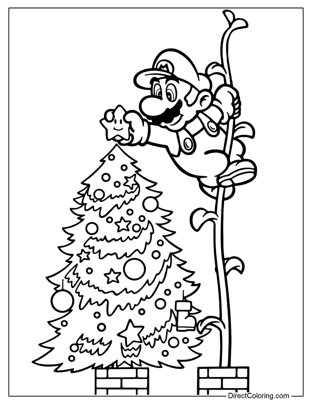 Coloring page showing Mario climbing a vine to place a glowing star on top of a beautifully decorated Christmas tree.