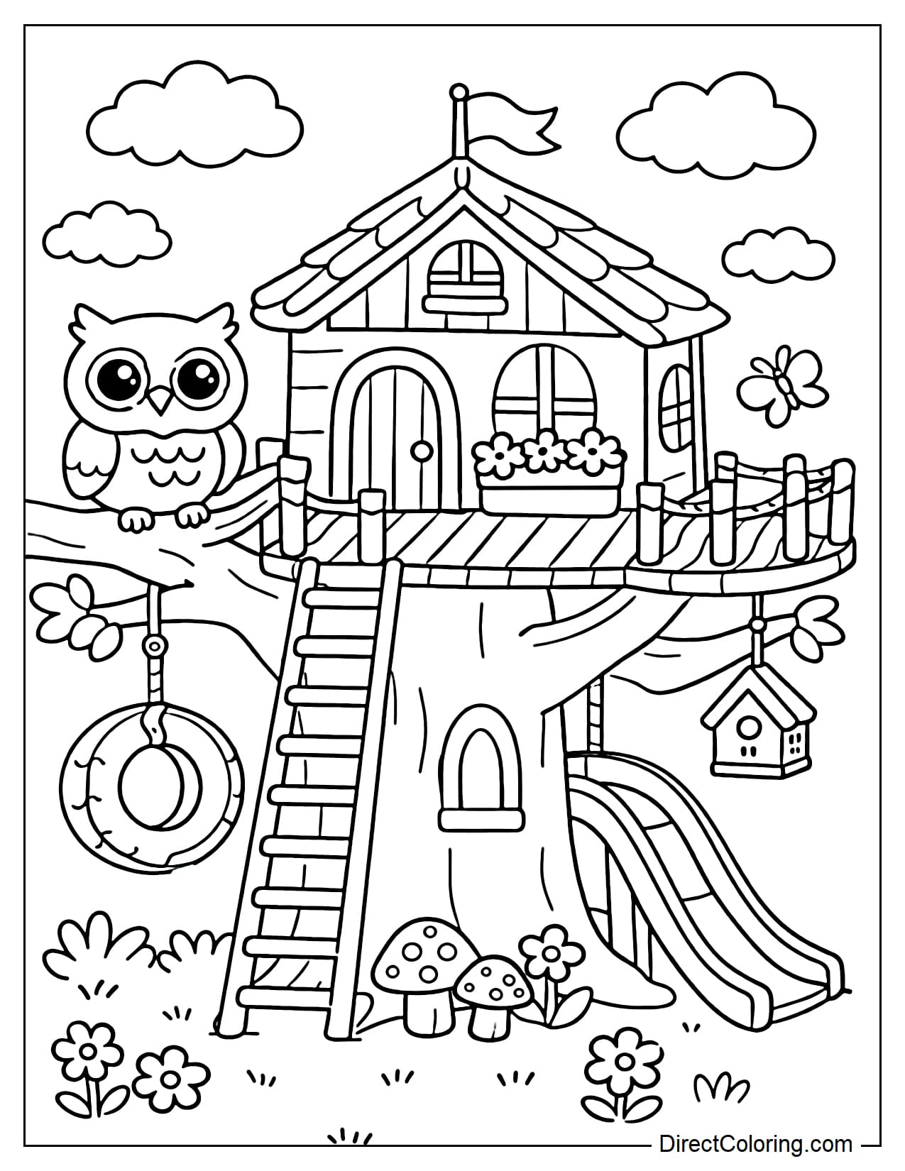 A treehouse with an owl perched on a branch near the house, with big, cute eyes.