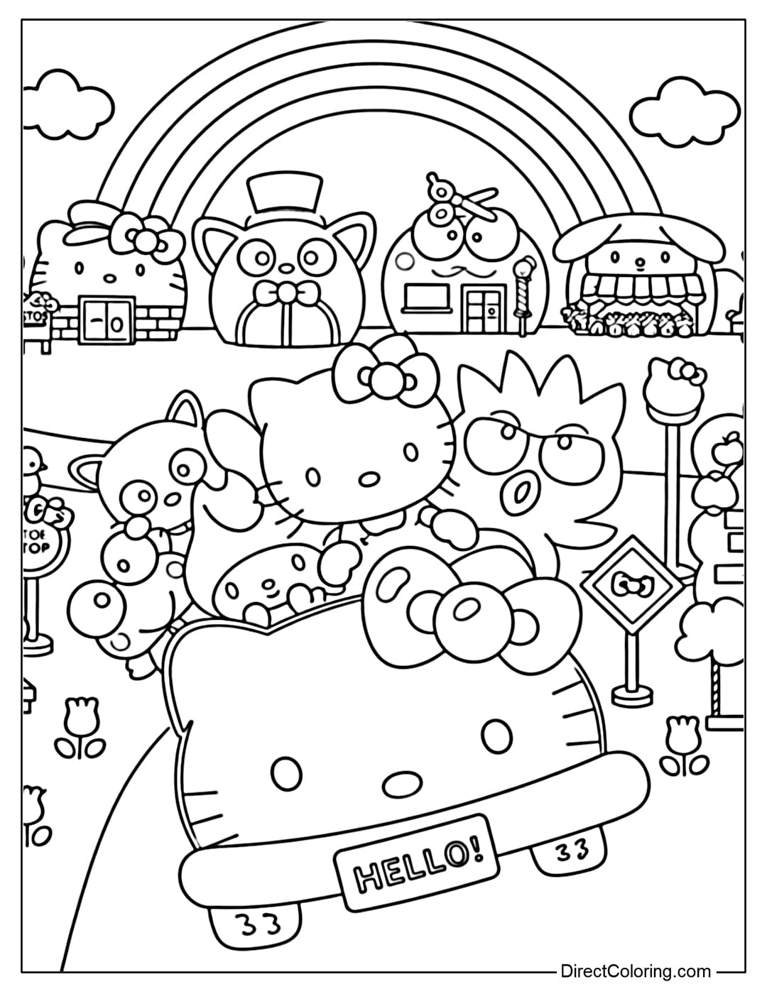 Coloring page of Hello Kitty and her friends riding around Sanrio town under a rainbow.