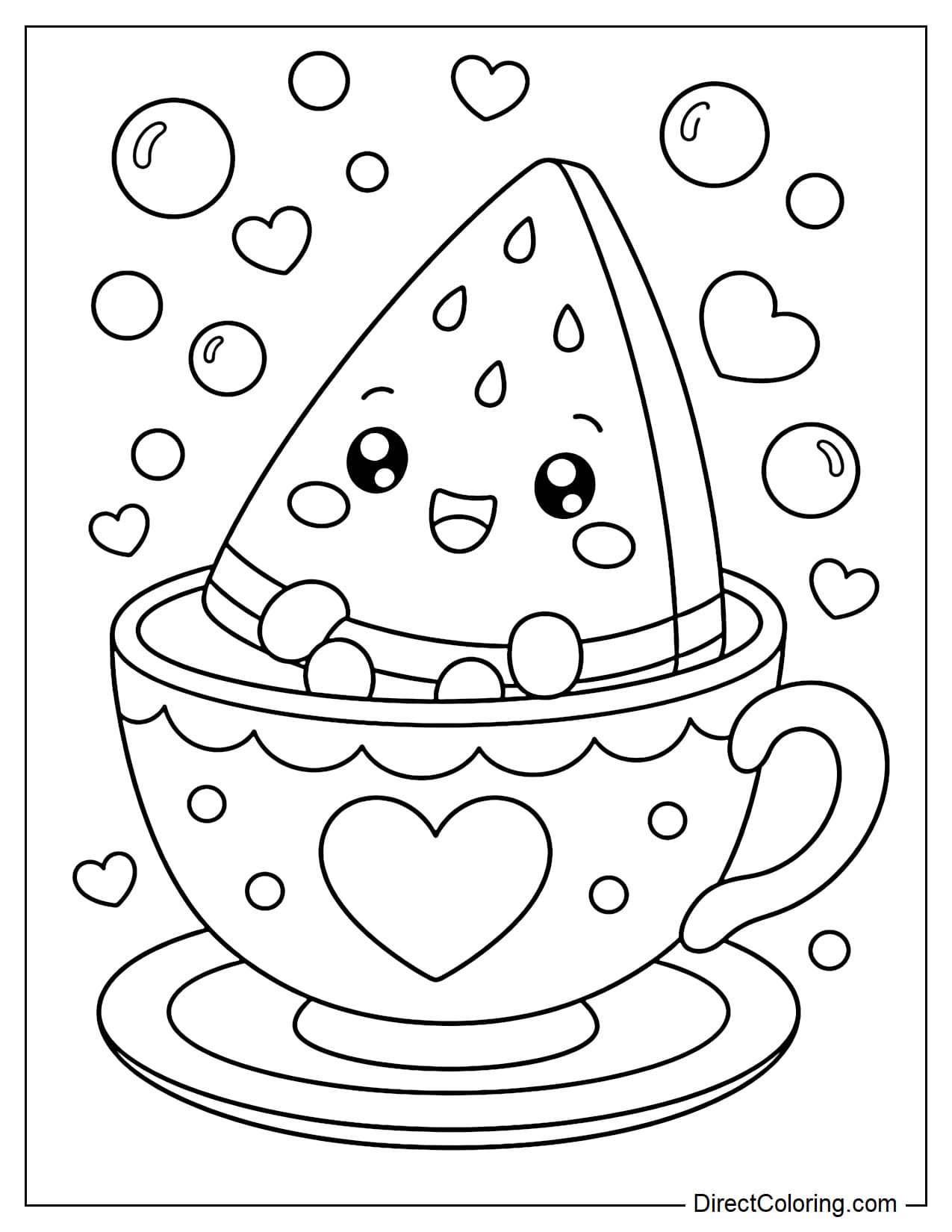 A kawaii slice of watermelon sitting inside a large teacup with some bubbles and small hearts flying around.