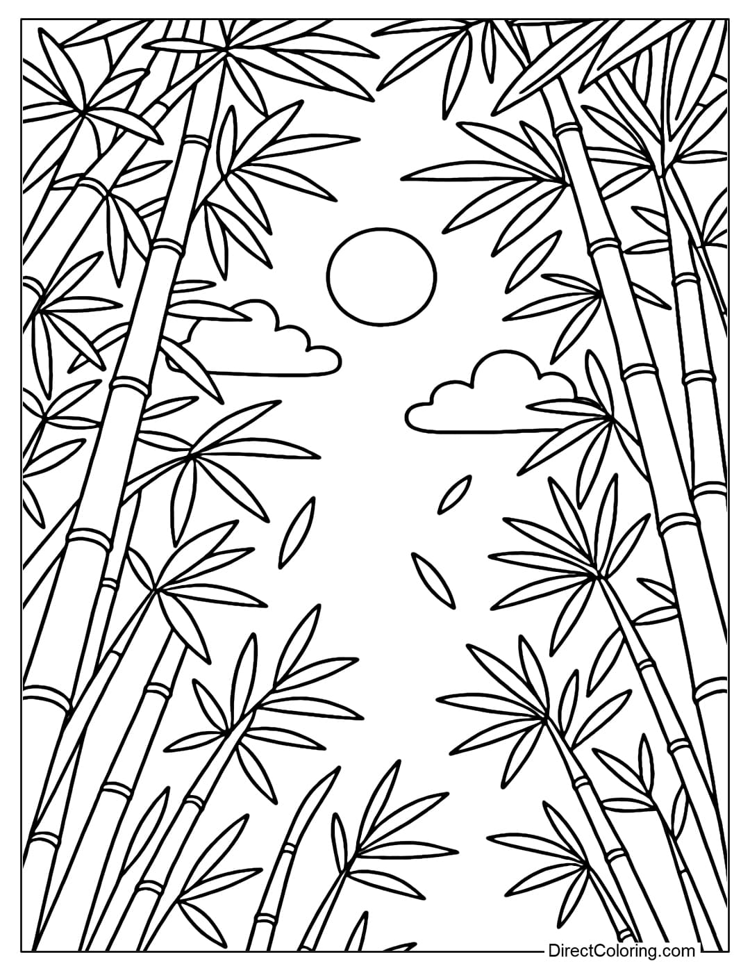 Coloring page looking up from under the bamboo forest, the thin bamboo trunk reaches high and gathers, the green bamboo leaves sway.