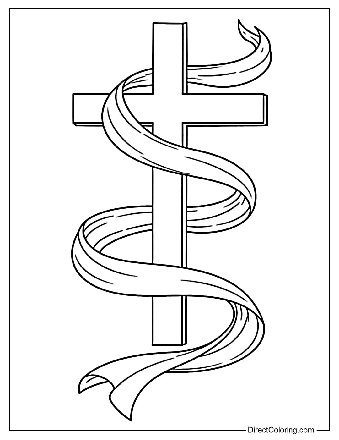 A coloring page of a cross with a long ribbon gently flowing around its body.