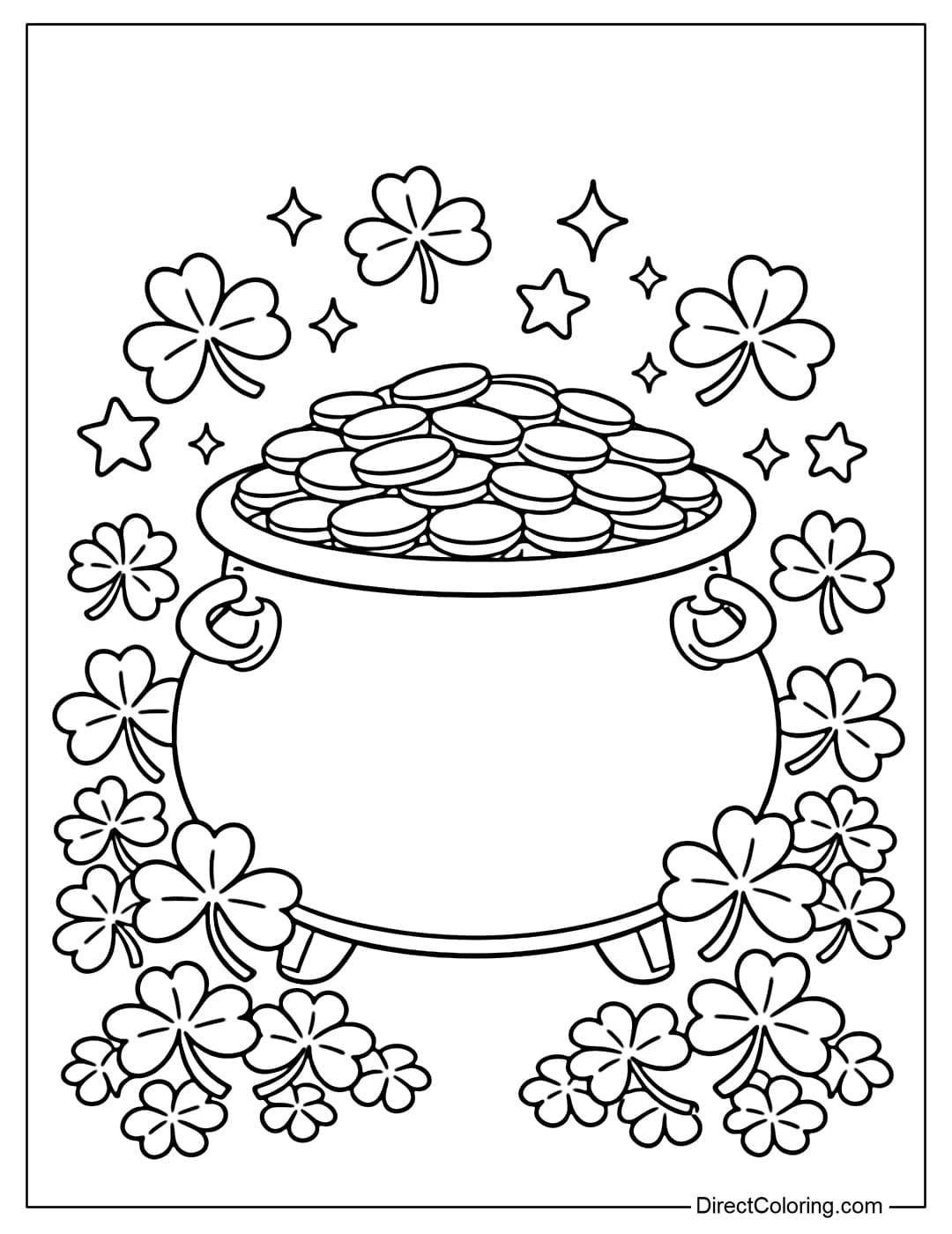 This coloring page features a large pot of gold filled with coins, surrounded by shamrock clover and lucky stars.