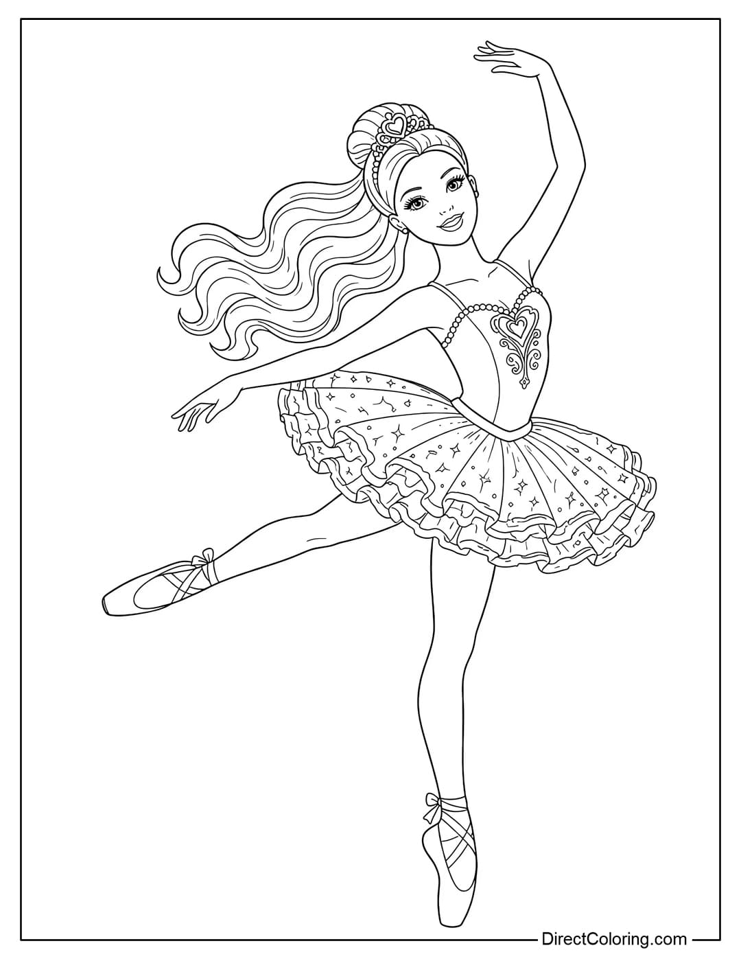 Coloring page of Barbie gracefully dancing ballet.