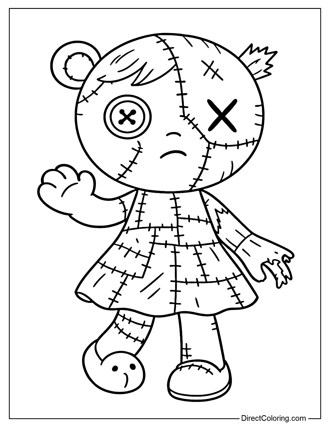 Patchy doll coloring page is a strange patchwork, the face is made from four different pieces of fabric, each with a concave or convex stitch or zipper. One eye is a button, the other is skewed and missing. The skirt is like a patchwork quilt.