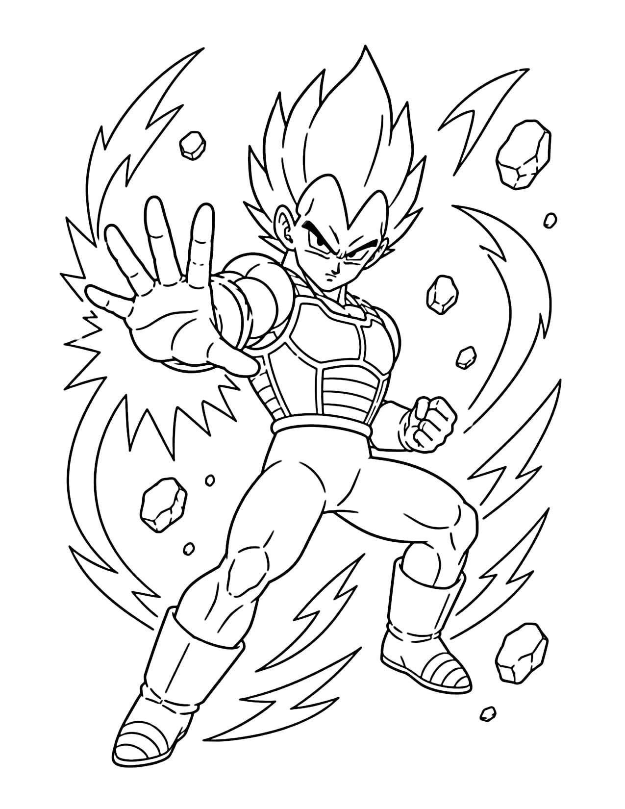Vegeta is extending one arm forward to launch an energy attack, his body slightly rotated diagonally, his warrior armor clearly visible, surrounded by several large beams of light and flying rocks.