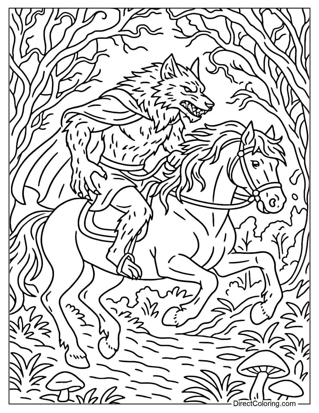 A werewolf coloring page riding a giant black horse, galloping through the magical forest.