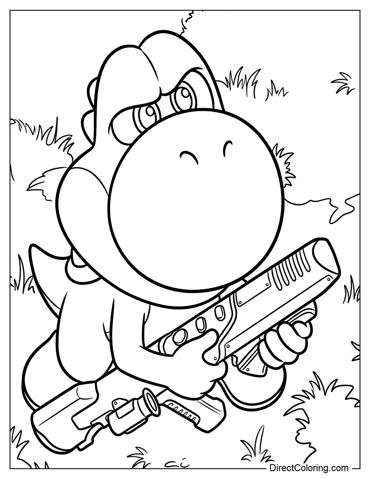 Yoshi looks extremely serious as he holds a gun in his hands and watches cautiously ahead.