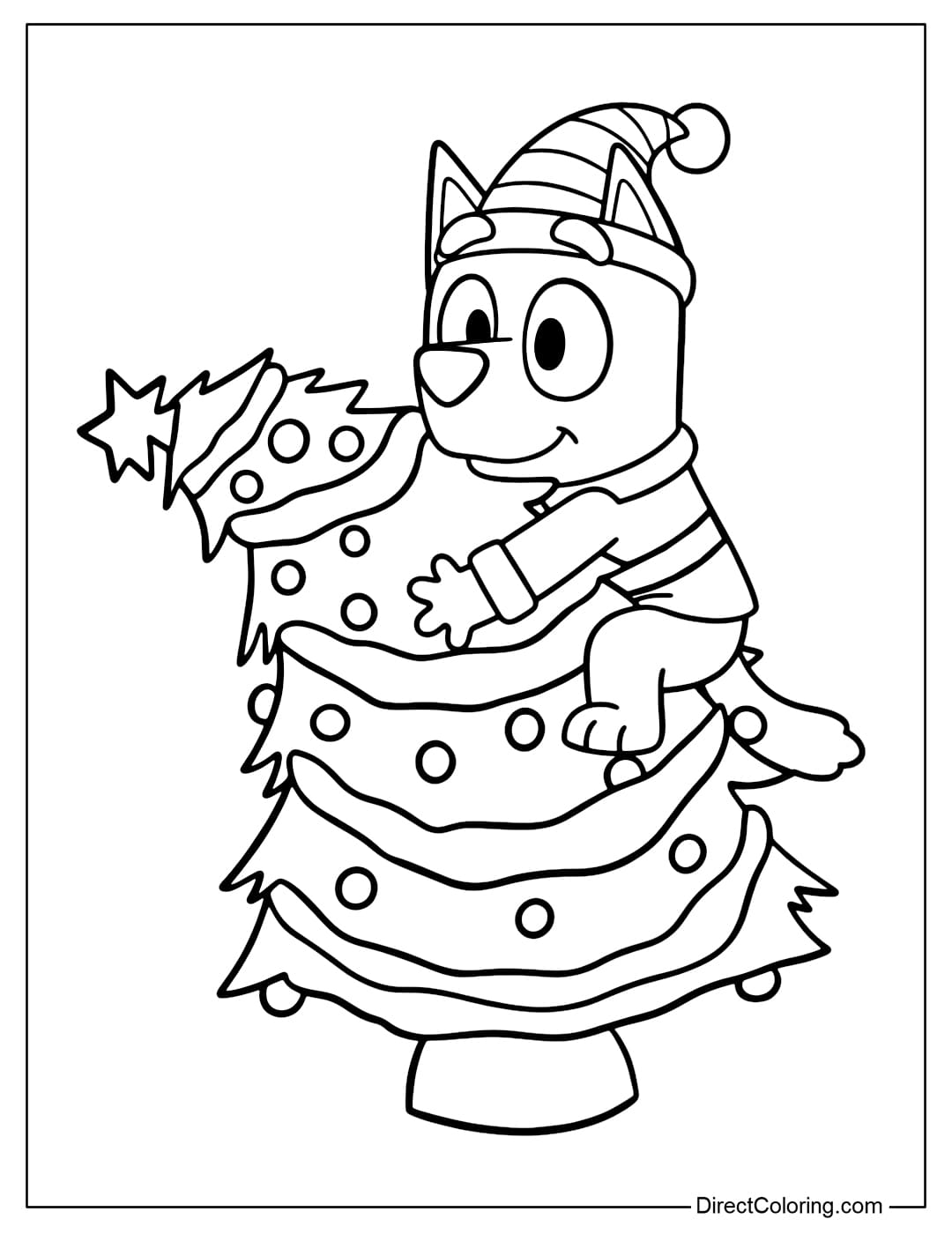 Bluey coloring page wearing a Santa hat and Christmas clothes, happily hugging the leaning pine tree.