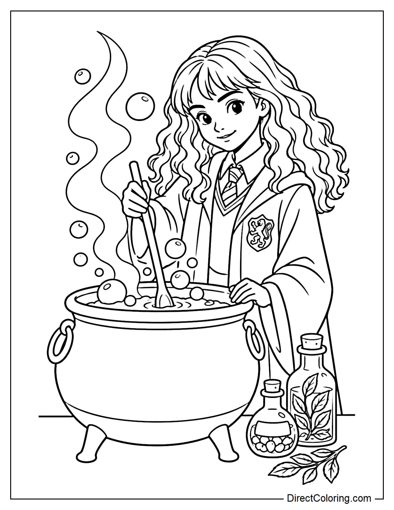 Hermione Granger is standing beside a large magical cauldron, stirring the potion with a long spoon as large bubbles and curling smoke rise from the cauldron, with two potion ingredient bottles beside it.