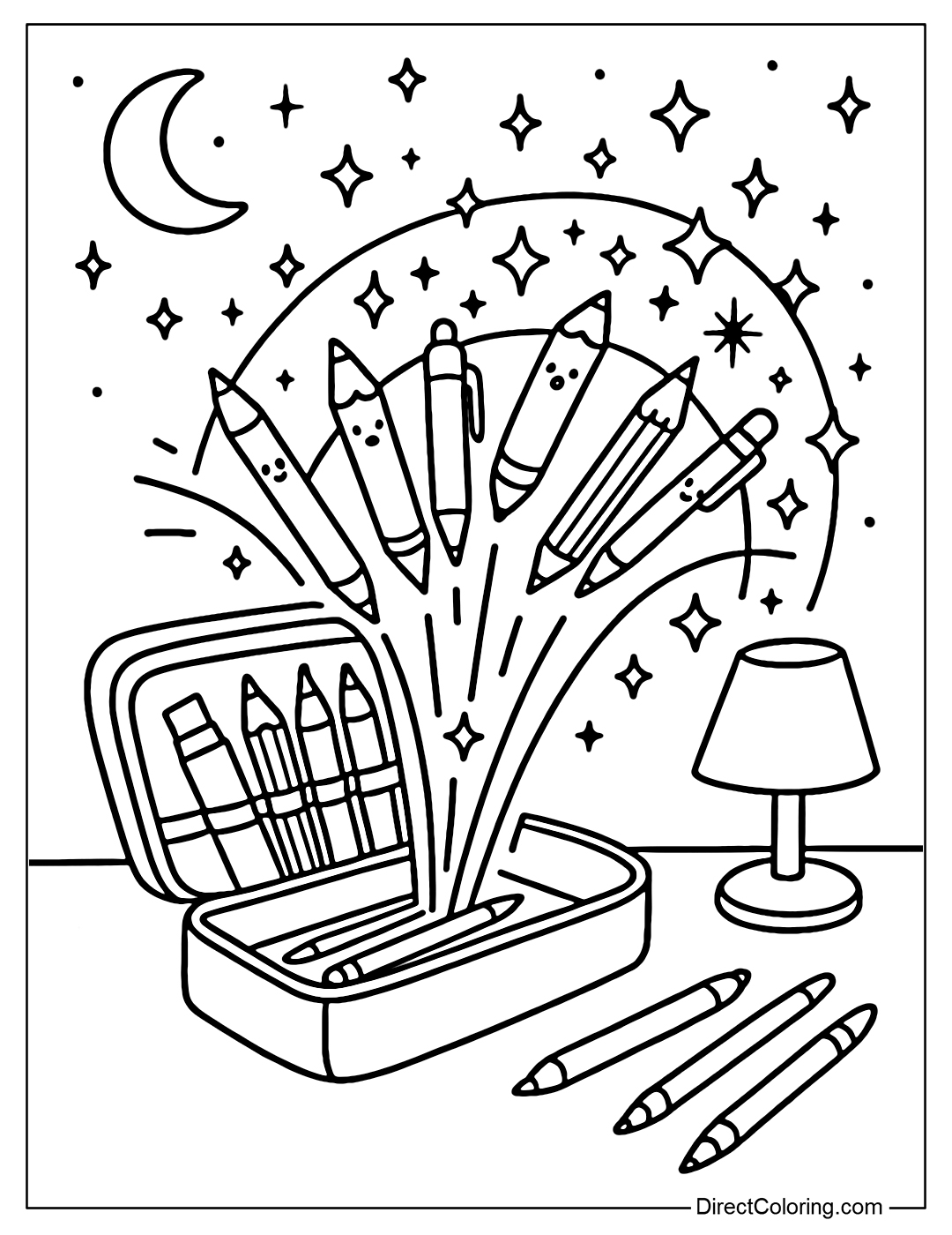 A coloring page with an open pencil case and pens flying out like rays of light, forming a magical arch, with a night desk with a soft glow in the background.