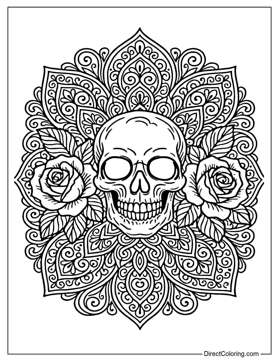 Mandala Skulls Coloring Page Mandala pattern coloring page combining skulls, thorny roses and spiral motifs.