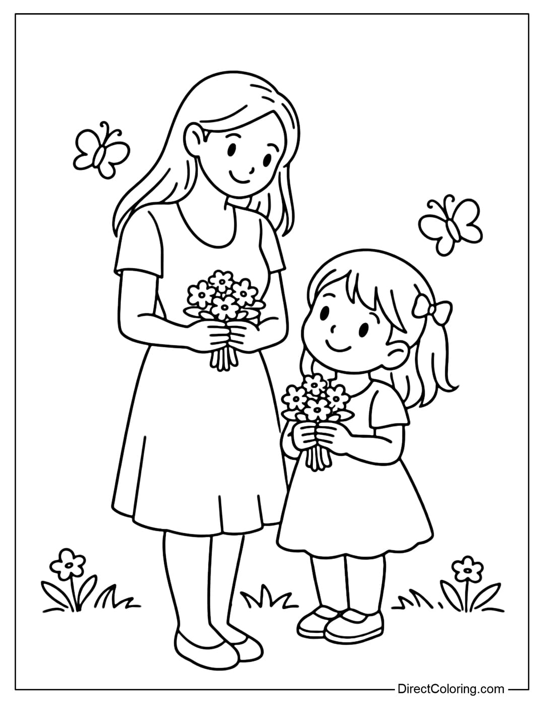 A coloring page of a mother and daughter standing next to each other, both holding a small bouquet of flowers.