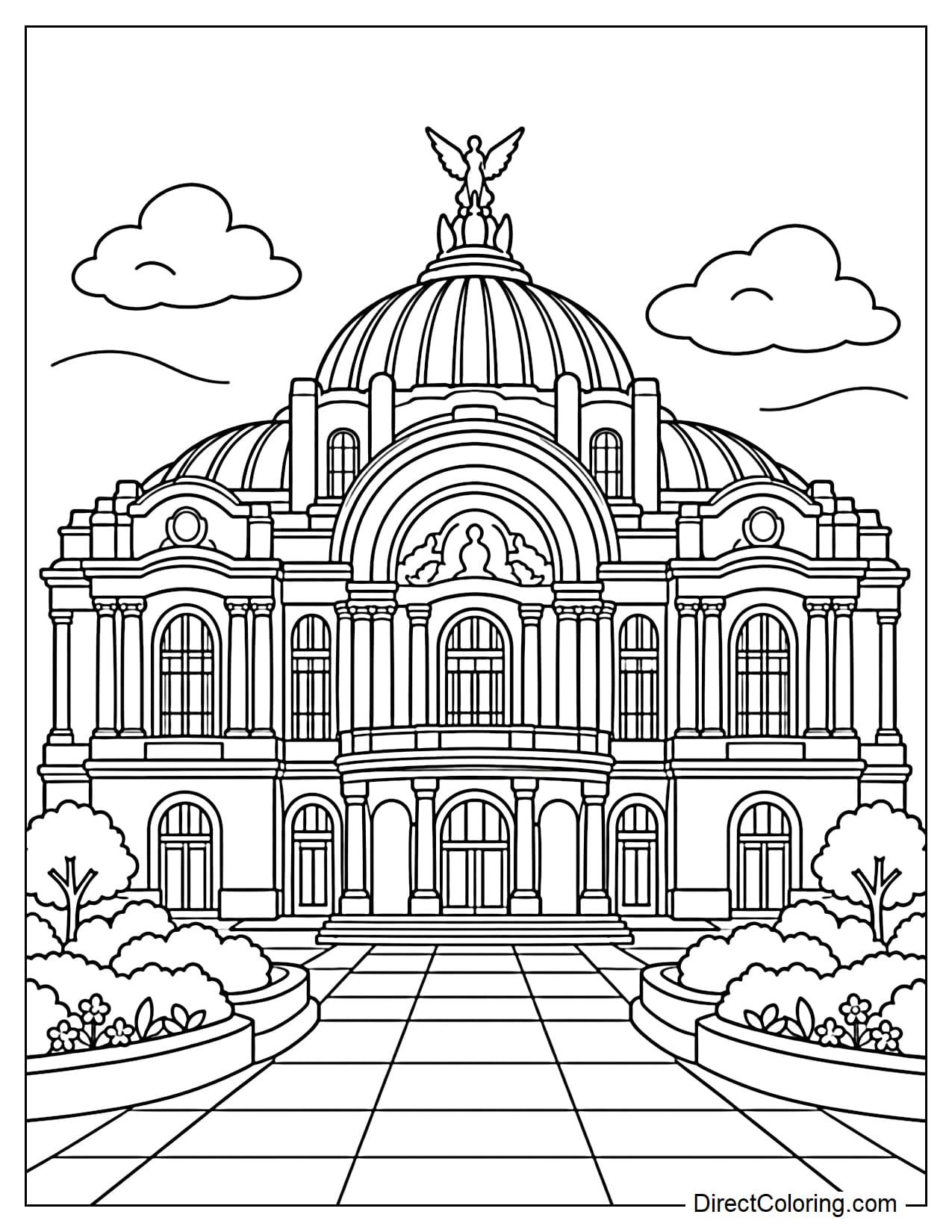 The Palacio de Bellas Artes in Mexico City is shown from the front, highlighting its grand dome, tall columns, and symmetrical arched entrances. A paved walkway leads toward the building, with flowerbeds and greenery on both sides.
