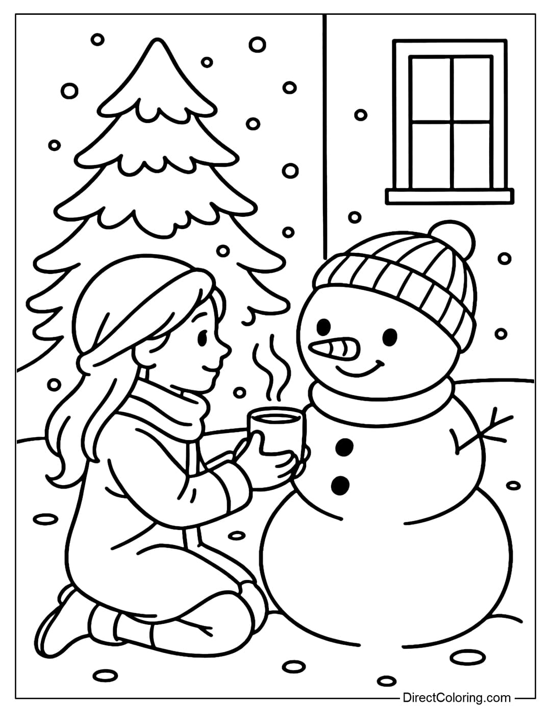 Coloring page of a young girl kneeling beside a snowman, giving him a steaming cup of hot cocoa.