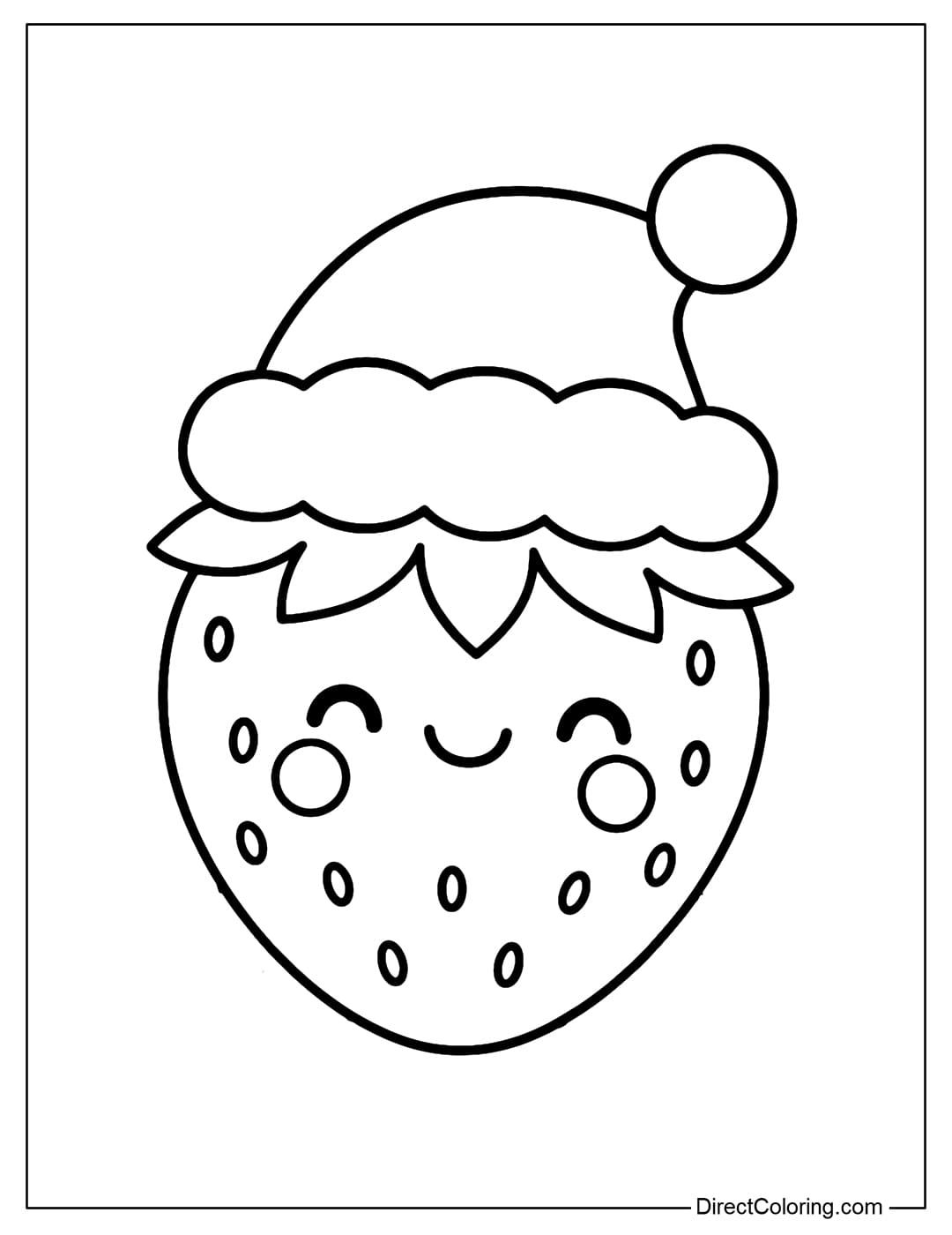 A cute strawberry coloring page wearing a Santa hat and a smiling face with rosy cheeks.